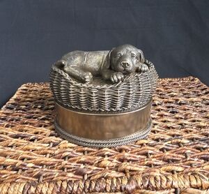 NIB Small Bronze Resin Dog Sleeping in Basket Cremation Urn